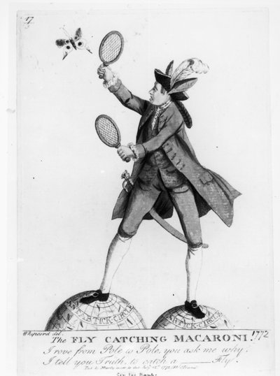 The Fly Catching Macaroni, indgraveret af Whipcord, pub. af N. Darly, 12. juli 1772 af English School